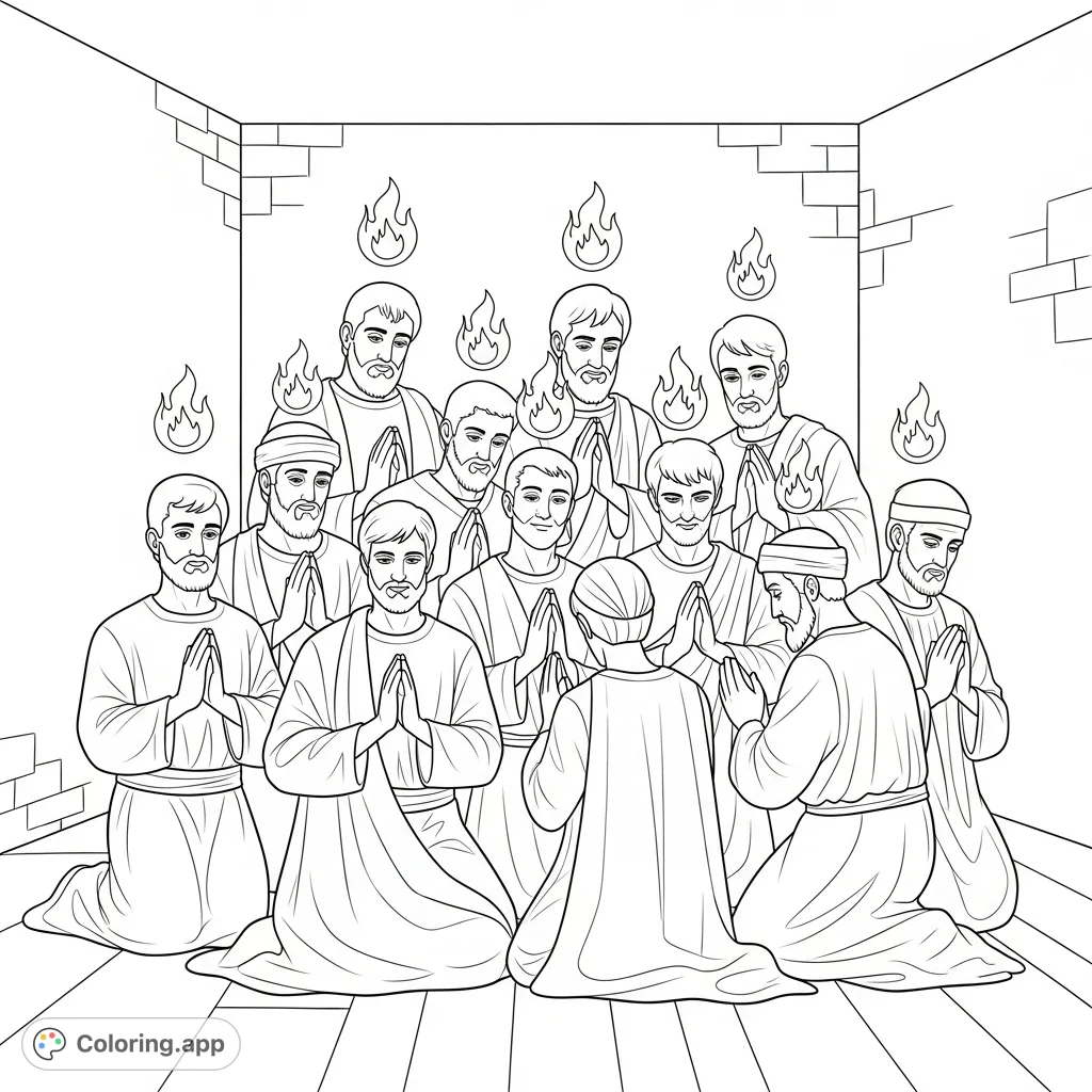 Experience the powerful moment of Pentecost with this free printable 12 disciples coloring page, featuring each disciple in prayer with tongues of fire above them.