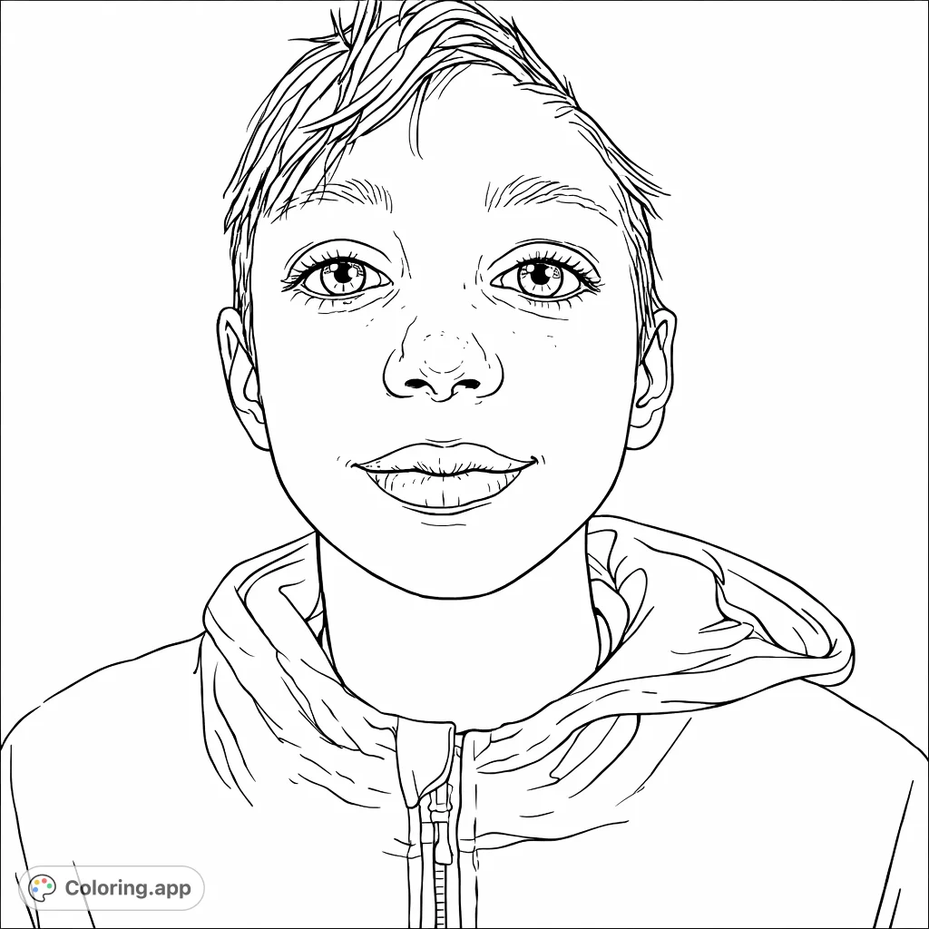 A captivating portrait of a young person in a hoodie, offering a wonderful canvas for creative expression. This free printable coloring page is perfect for all ages.