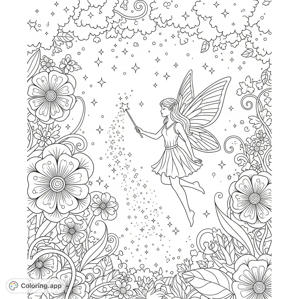 A whimsical fairy brings enchantment to a sparkling garden with her magic wand and trails of sparkle dust. Dive into a magical fantasy coloring page adventure!