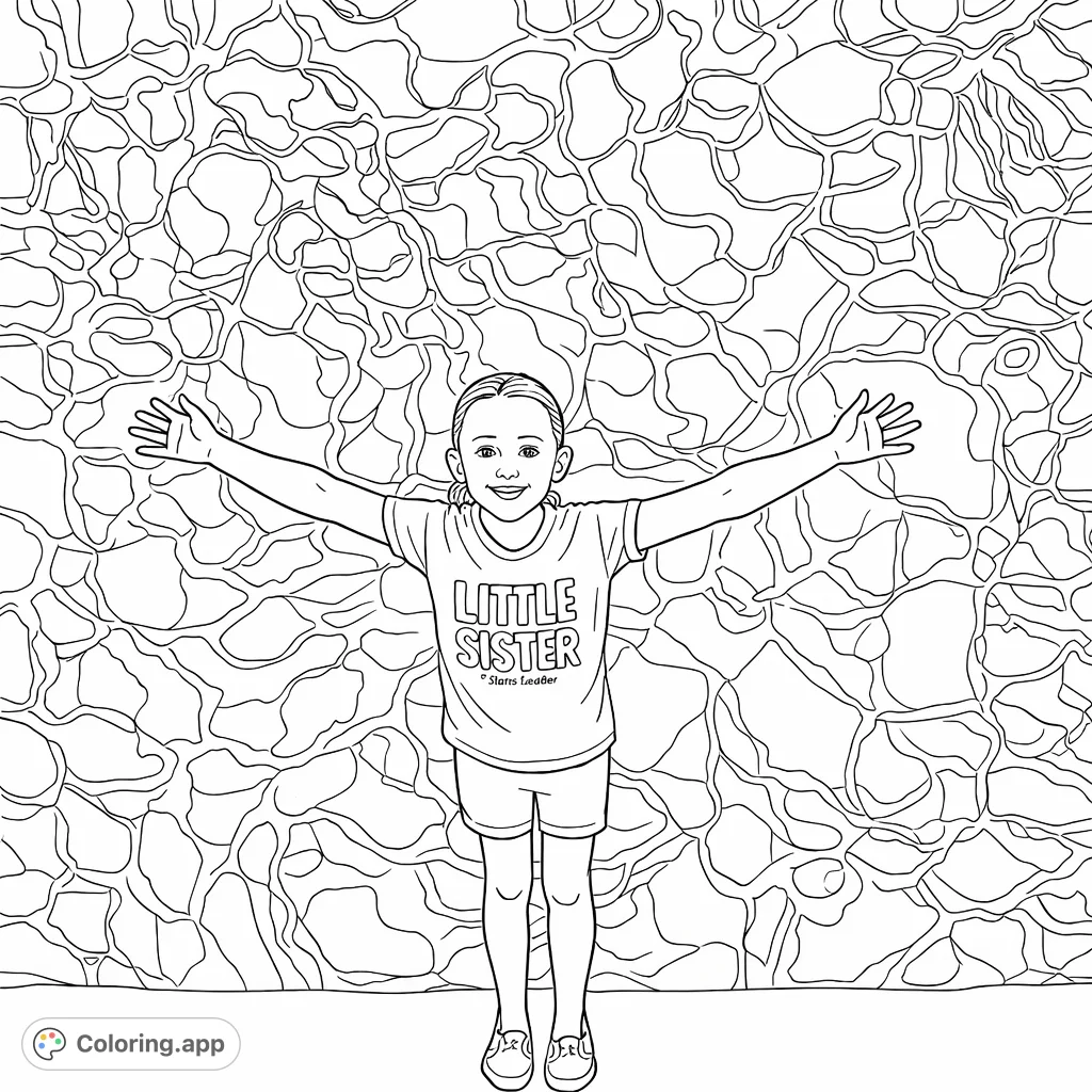 A cheerful girl stands with arms outstretched against a dynamic water reflection backdrop. Perfect for kids to color and add personal flair.