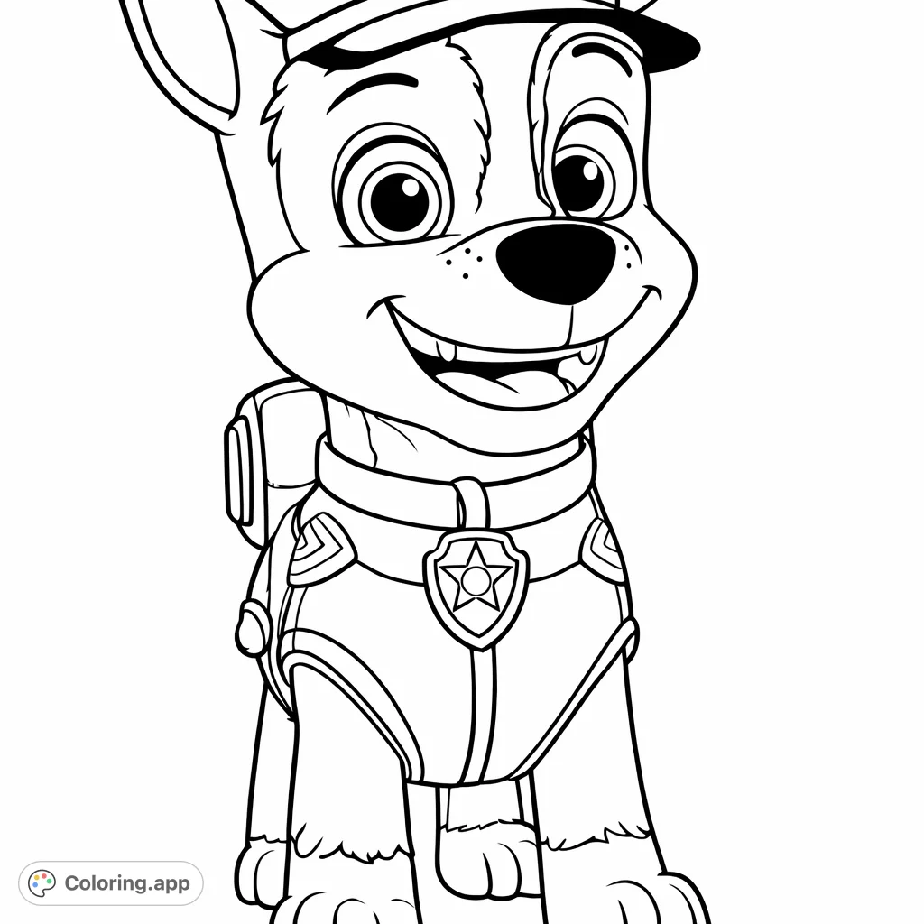 A friendly uniformed dog character, complete with a hat and badge, set against a dynamic geometric background. Perfect for young fans of heroic pups!