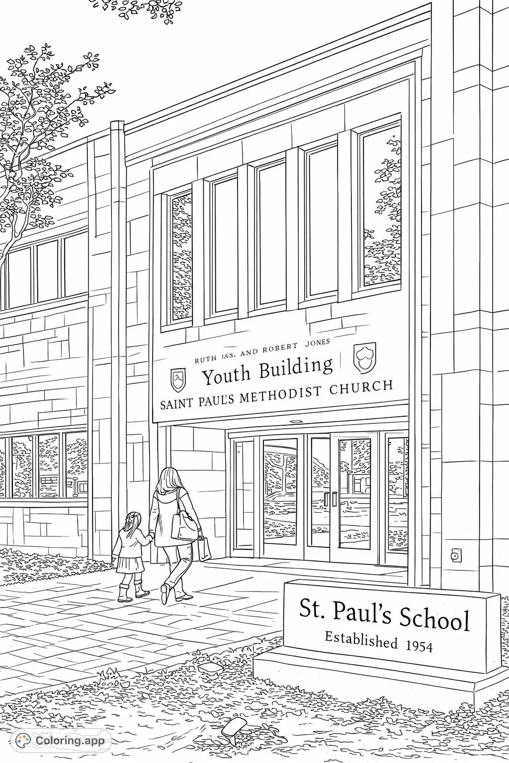 An architectural church building coloring page featuring a grand stone facade, tall windows, and a paved walkway with two figures. Perfect for detailed coloring.