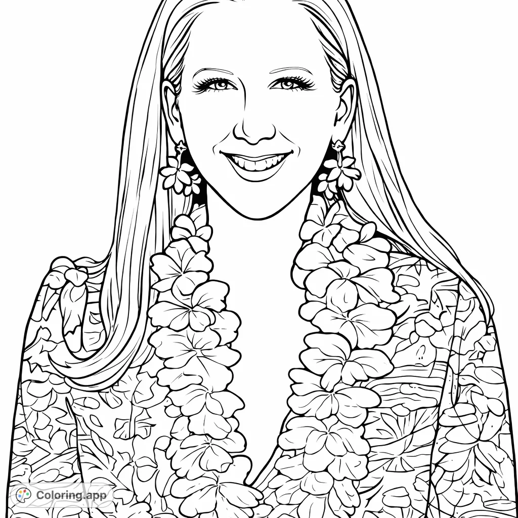 A cheerful floral garland portrait coloring page featuring a smiling woman adorned with a vibrant lei and patterned attire, perfect for a relaxing creative session.