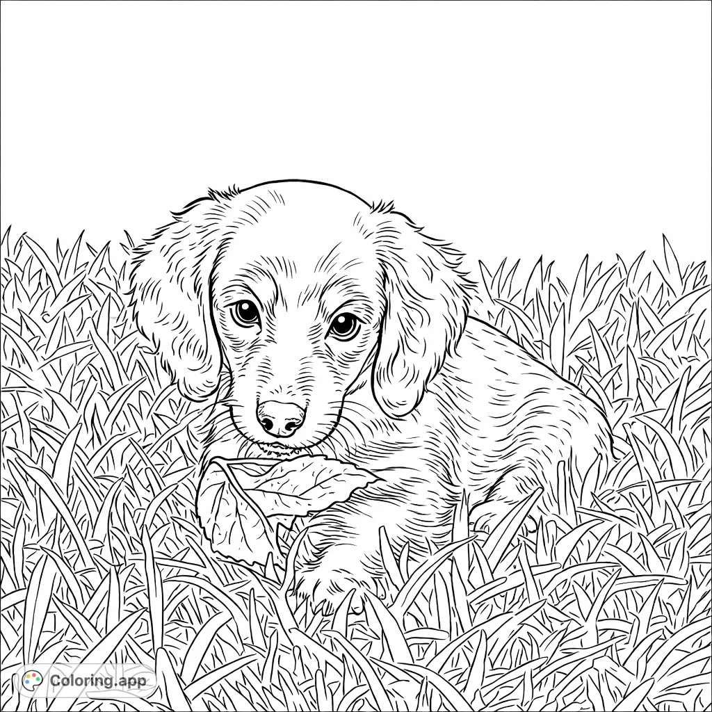 An adorable fluffy puppy rests in a field of tall grass, gently holding a leaf. A sweet and charming scene perfect for coloring enthusiasts of all ages.