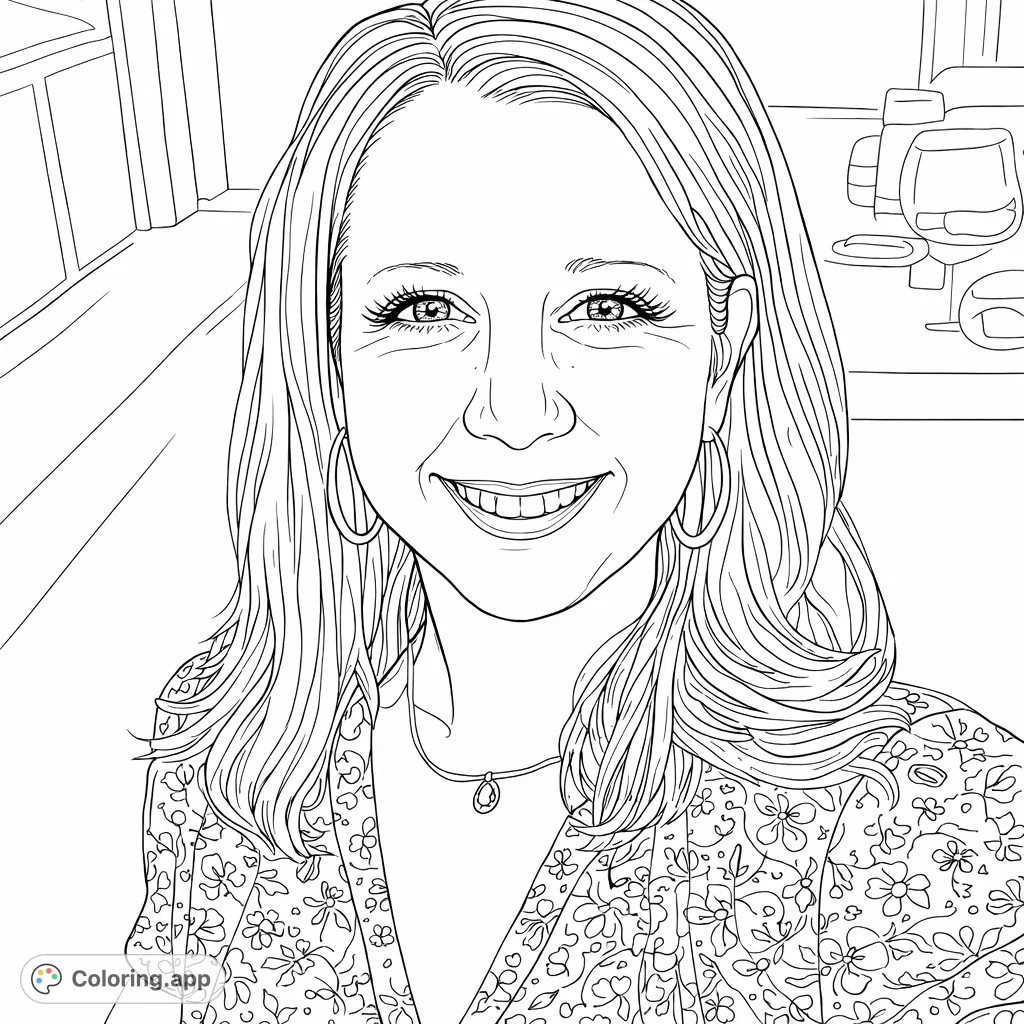 Capture the serene smile of a woman with this detailed portrait coloring page, featuring a floral pattern blouse and elegant jewelry.