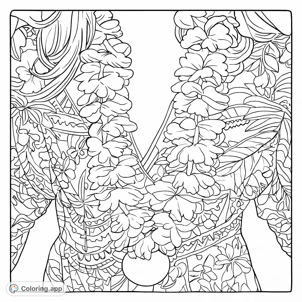 A detailed coloring page showcasing a person wearing a voluminous tropical lei and an intricately patterned garment. Perfect for all ages to enjoy creative expression.