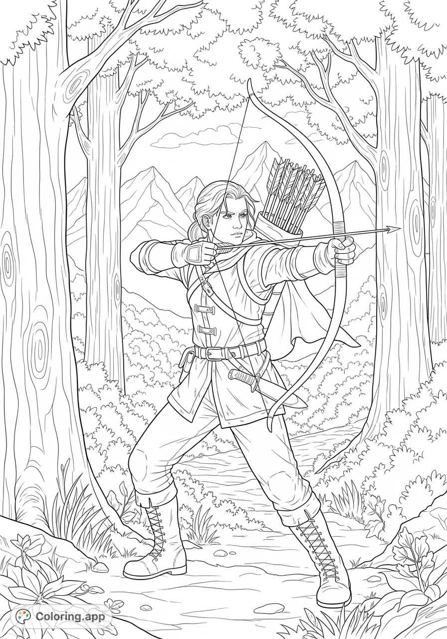 A detailed hunter poised with a bow in a dense forest, surrounded by textured foliage and distant mountains. Perfect for a wilderness adventure.