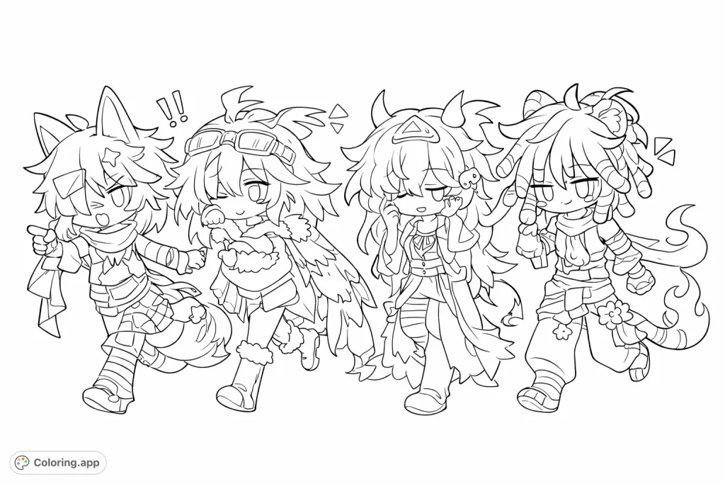 Four charming chibi characters with unique fantasy-inspired designs, perfect for creative coloring. Explore intricate details and diverse personalities.