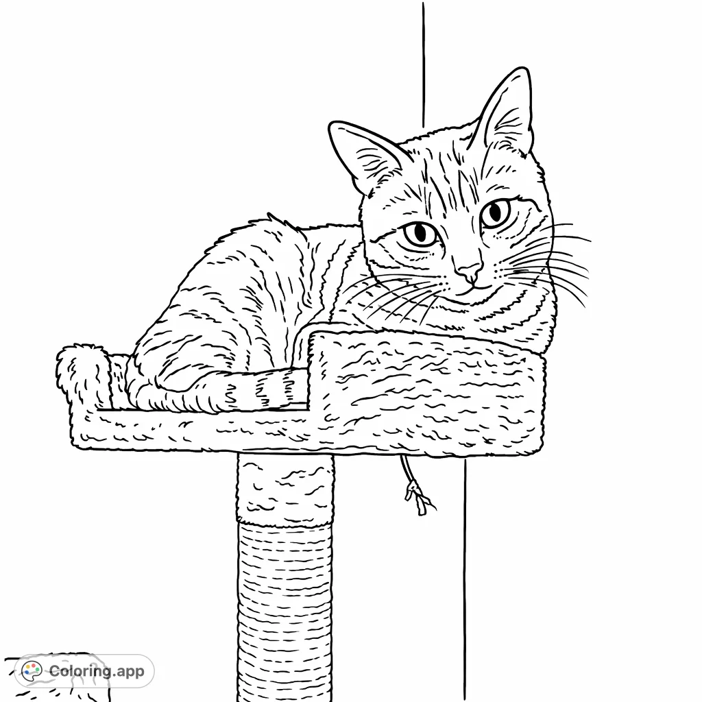 A charming cat lounges comfortably on a plush cat tree perch, featuring intricate fur patterns and a textured scratching post, ready for your creative touch.