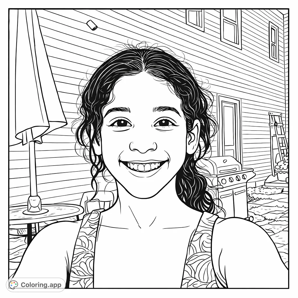 A cheerful girl smiles broadly, captured in a delightful outdoor portrait scene against a detailed house background. Perfect for a relaxing coloring session.