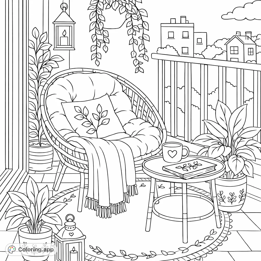 Relax in this charming balcony scene featuring a comfy chair, lush plants, and a city view. Perfect for unwinding with a creative coloring session.