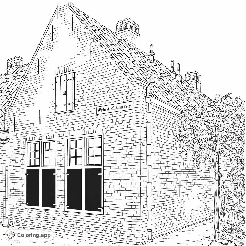Explore a charming historic brick house with intricate details, pitched roof, and leafy vines. A free printable architectural coloring page for all ages.