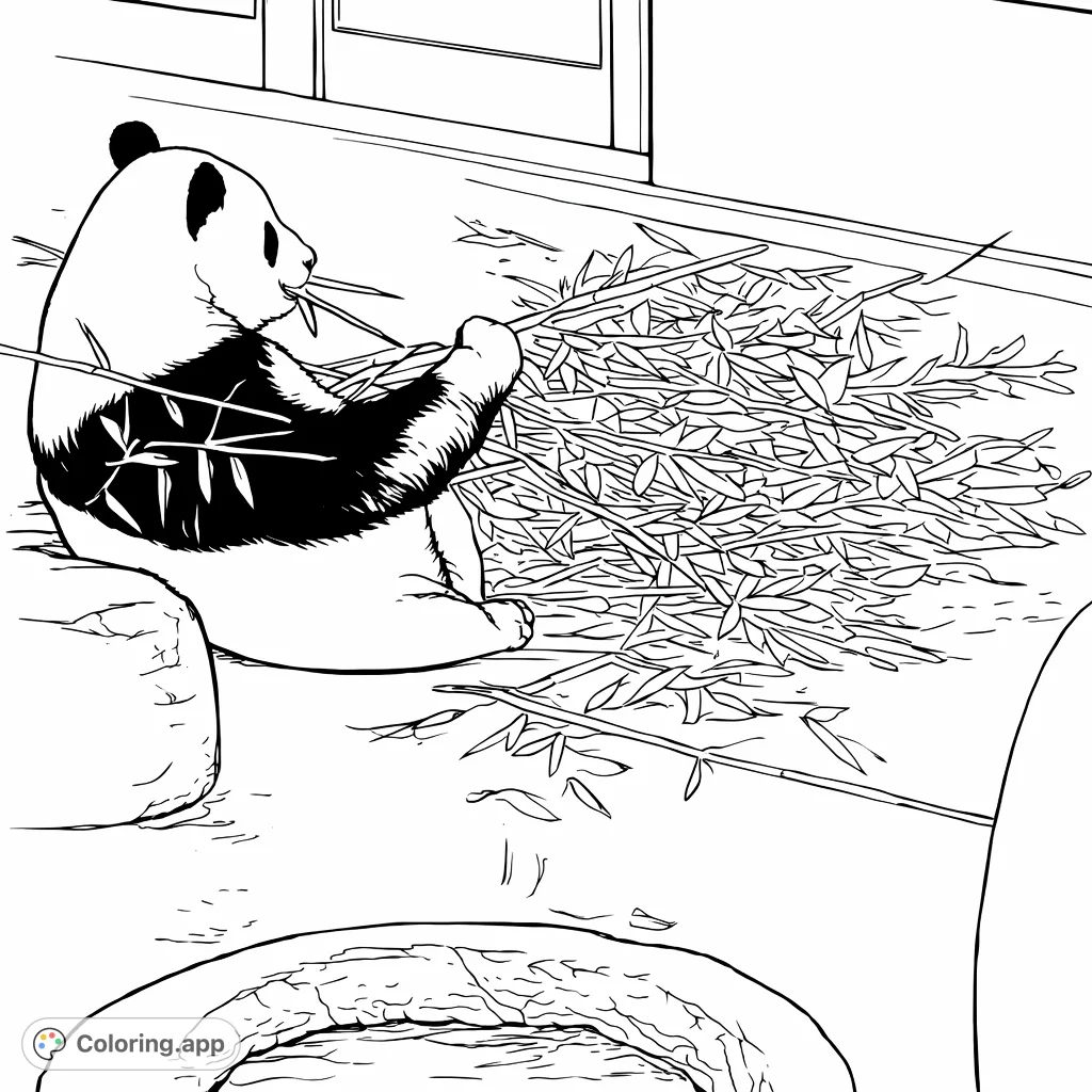 A charming panda coloring page featuring a peaceful panda happily munching on bamboo, surrounded by natural elements. Perfect for animal lovers!
