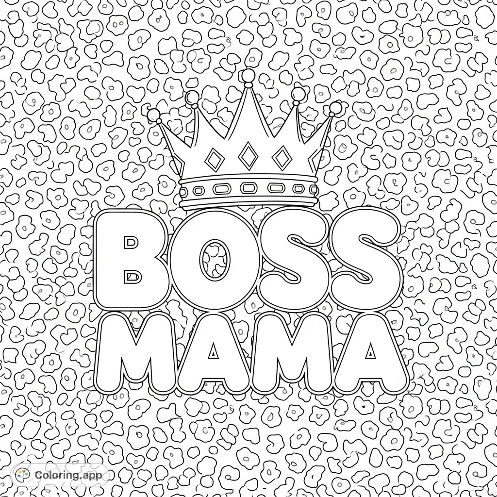 Empowering "BOSS MAMA" text in Hugs font, topped with a crown, set against a dynamic, intricate leopard print background. A motivational coloring page.