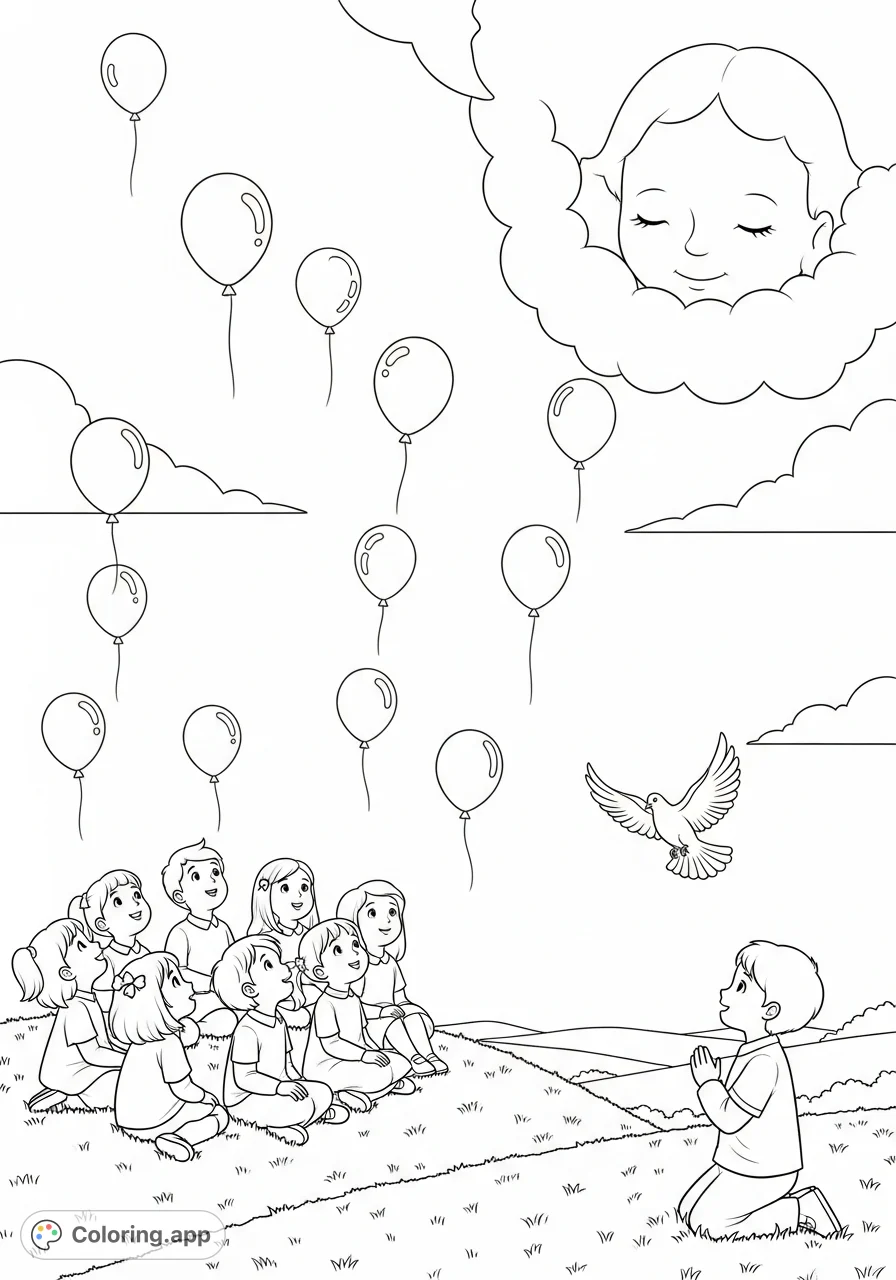 A heartwarming Christian kids coloring page showing children looking up at a benevolent cloud figure and a child praying with a dove and balloons.