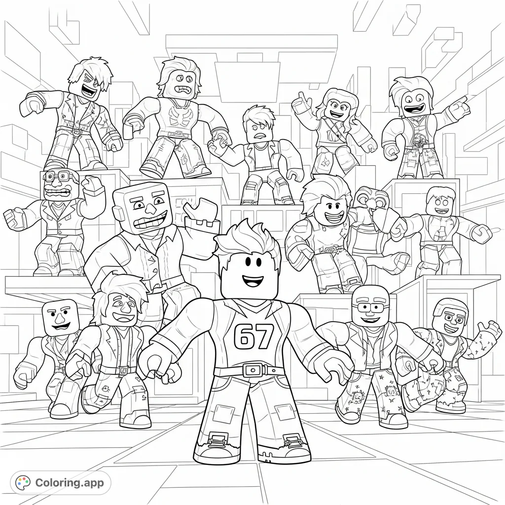 Dive into the blocky world of Roblox with the iconic 67 character and various meme figures interacting in a dynamic, detailed scene. A fun, free printable for all fans!