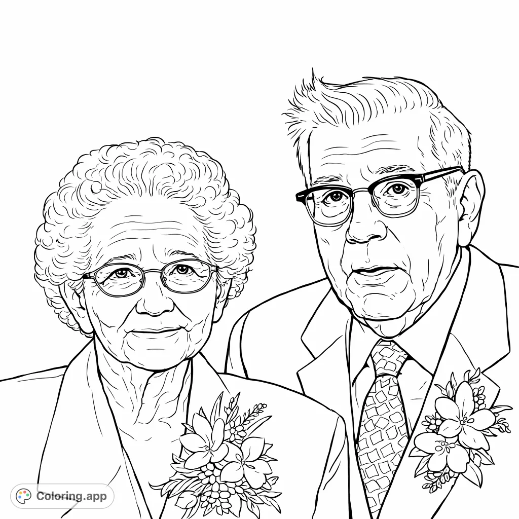 A heartwarming portrait of an elderly couple, perfect for honoring cherished relationships. Features intricate details on clothing, florals, and facial expressions.