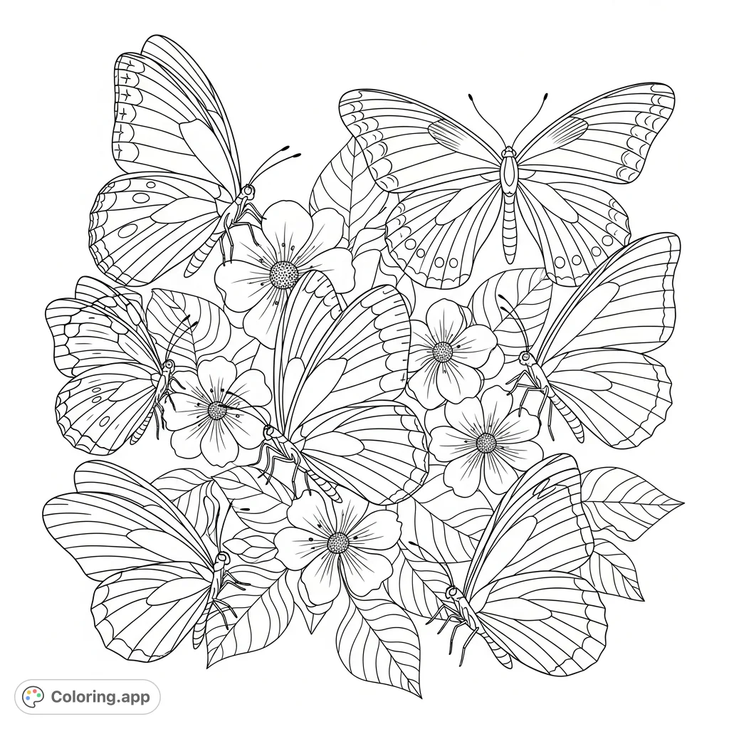 A beautiful array of butterflies with intricate wing patterns, fluttering among detailed flowers and foliage. Perfect for a relaxing coloring experience.