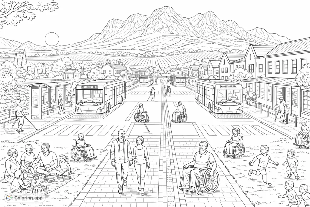 A detailed community scene featuring diverse individuals, accessible public transport, and a family picnic against a backdrop of scenic mountains and vineyards.