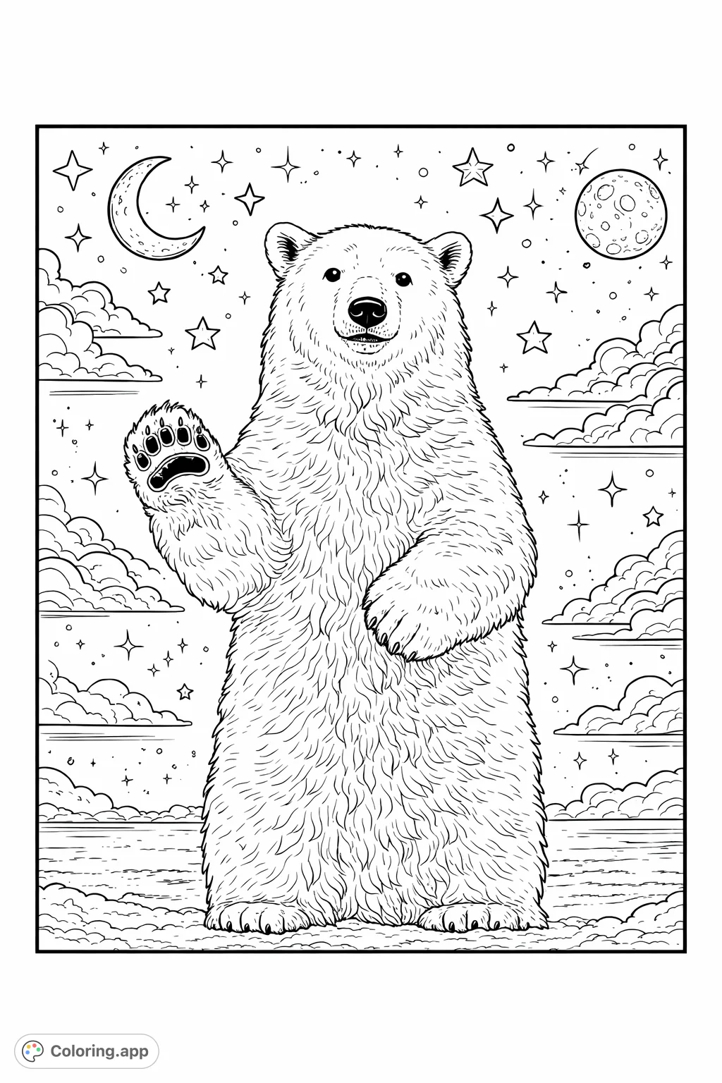 Friendly polar bear waving on an ice floe, with a sky enhanced by clouds, stars, and celestial patterns. A delightful arctic adventure coloring page.