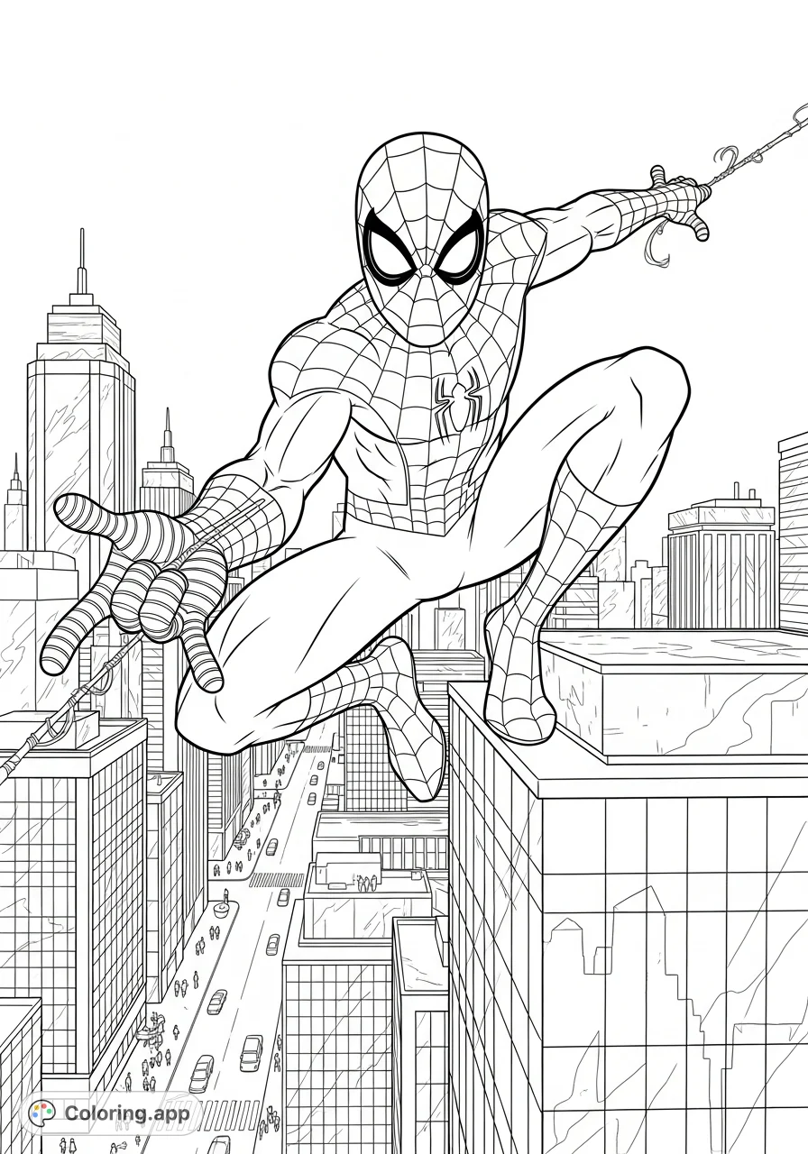 A dynamic Spider-Man coloring page, featuring the hero perched on a skyscraper, ready to swing through a detailed urban landscape. Perfect for all fans!