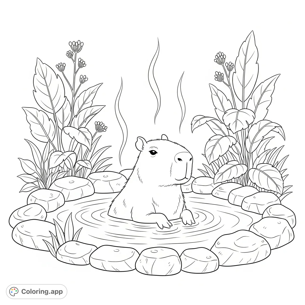 An adorable capybara relaxes in a natural hot spring, surrounded by steam and lush foliage. A charming capybara coloring page for relaxation and fun.