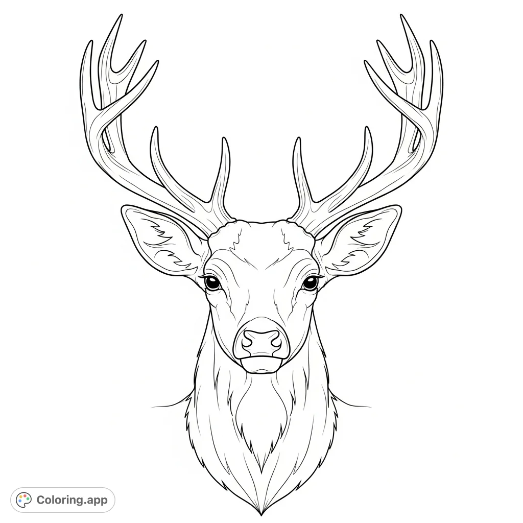 A majestic deer head, presented in a clear, large print style for easy coloring. Features prominent antlers and detailed facial features, perfect for all skill levels.