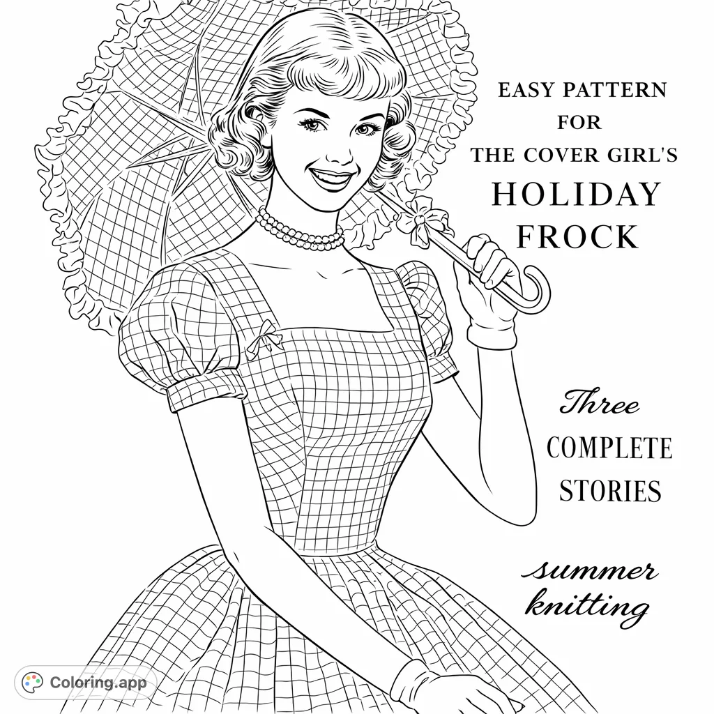 Capture vintage charm with this retro woman coloring page, featuring a smiling lady in a checkerboard dress holding a frilly umbrella.