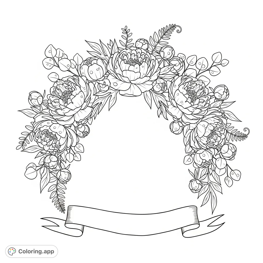 An exquisite garland with open peonies, delicate eucalyptus, tiny dew drops, and a flowing ribbon banner, perfect for detailed coloring.
