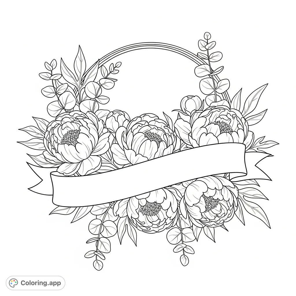 An elegant floral coloring page featuring fully bloomed peonies, trailing eucalyptus, and an ornate frame with a customizable blank ribbon. Perfect for relaxation.