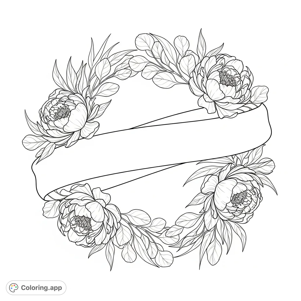 An intricate botanical coloring page featuring a circular frame of blooming peonies and eucalyptus leaves, with a central empty banner for personalization.