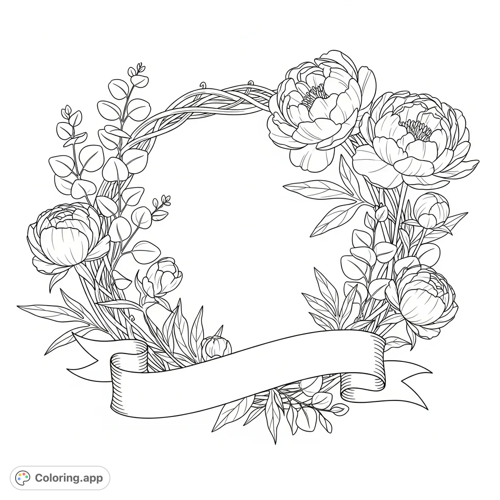 An elegant peony and eucalyptus floral frame with a blank ribbon banner, intricately woven for a detailed botanical coloring experience.