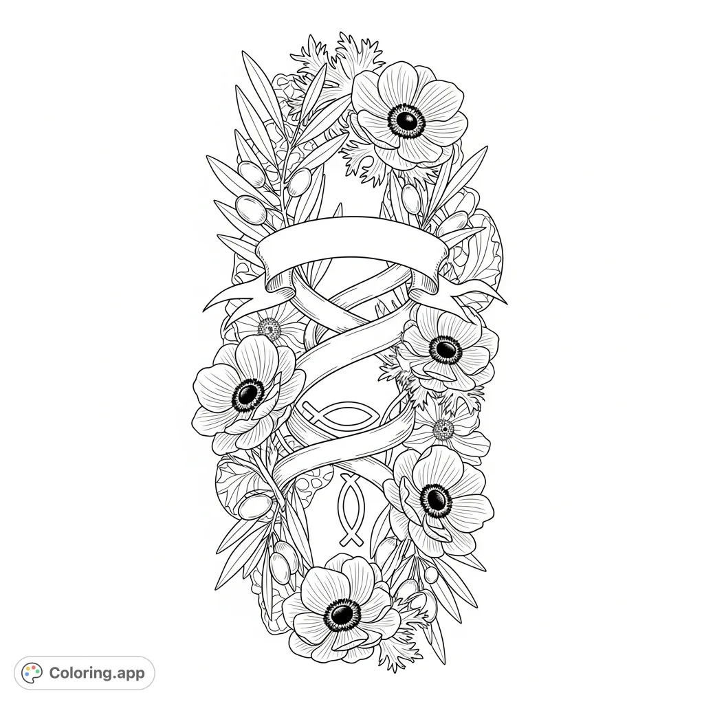 An intricately detailed botanical illustration coloring page featuring a vertical wreath of wild olive branches and blooming anemones with a central decorative ribbon.