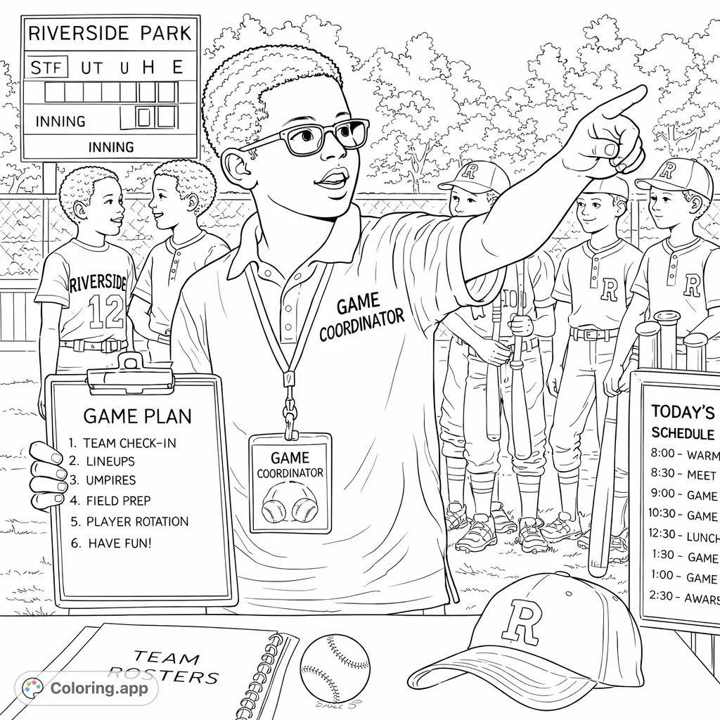 A detailed baseball game coordinator scene featuring a young leader, players, a game plan, and field elements. Perfect for sports fans.