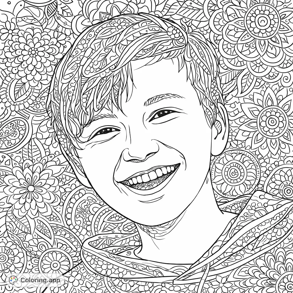 A heartwarming coloring page featuring a smiling young boy with short hair, captured in a moment of pure joy. Perfect for expressive and detailed coloring.