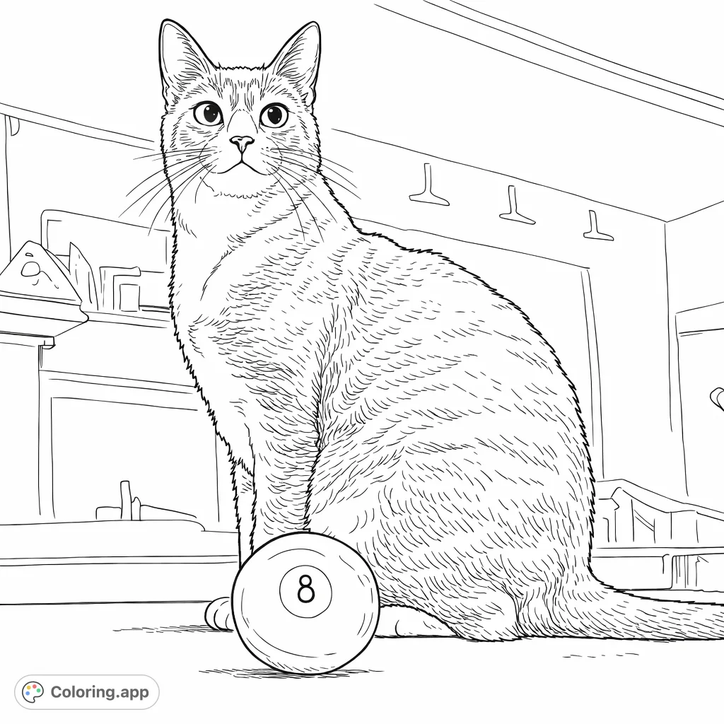 A charming feline sits attentively on a pool table, observing a billiard ball. This playful scene offers a delightful canvas for cat lovers to personalize and enjoy.