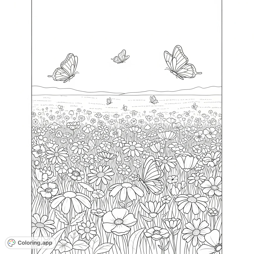 Explore a beautiful nature field coloring page featuring a variety of flowers and delicate butterflies. A free printable coloring page perfect for relaxation.
