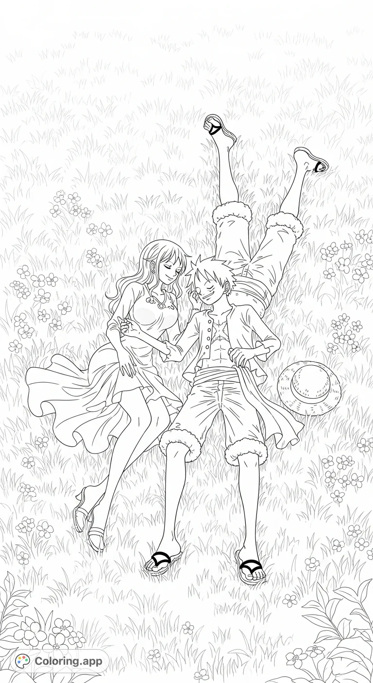 A heartwarming Nami and Luffy coloring page, showing the One Piece characters romantically intertwined in a soft grassy field, perfect for fans.