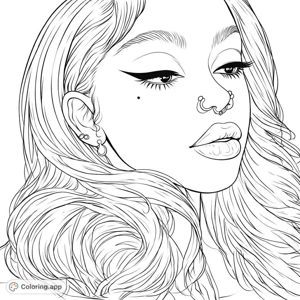 Dive into detailed beauty with this glamorous portrait featuring intricate makeup, elegant facial features, and flowing wavy hair, perfect for personalizing your artistic vision.