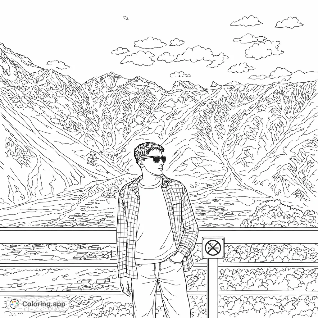 A young traveler stands on a viewpoint overlooking a dramatic mountain range, a sprawling valley, and a village below. Explore this vast landscape!