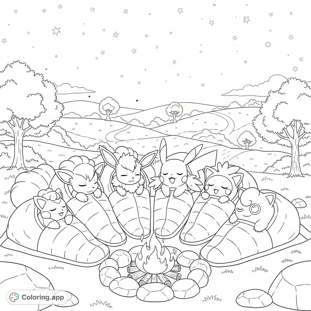 A heartwarming Pokémon coloring page featuring diverse Pokémon friends sleeping peacefully around a campfire under a starry sky, ready for tomorrow's adventure.