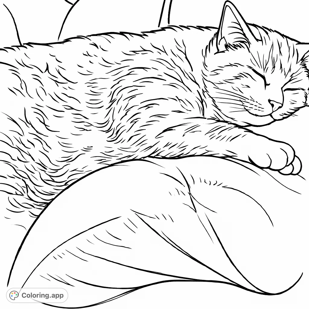 A serene cat rests peacefully on a soft cushion, offering a calming scene for colorists. Explore fur textures and gentle forms.