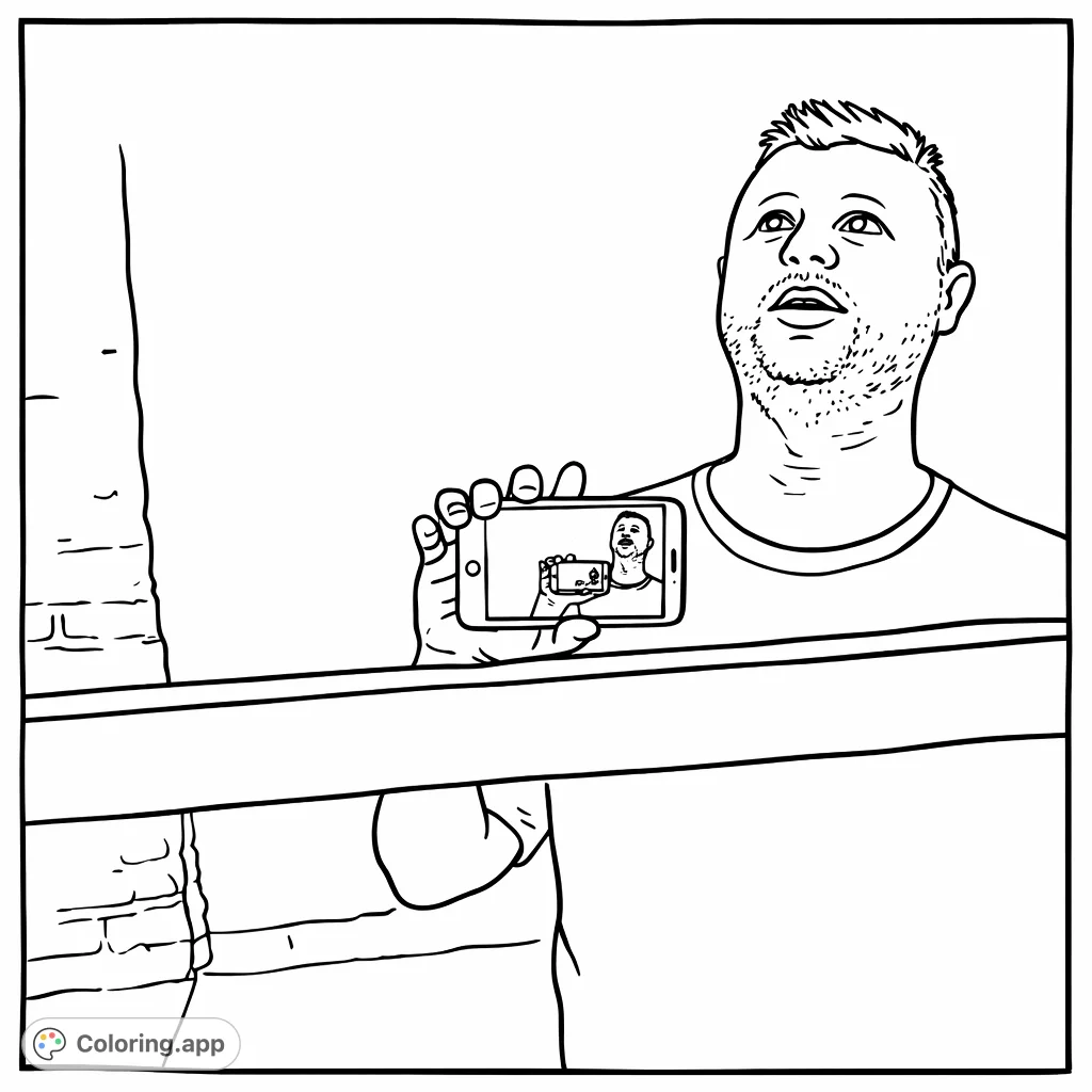A man holds a smartphone, looking up. A simple scene for personal expression and relaxation, perfect for a casual coloring session.