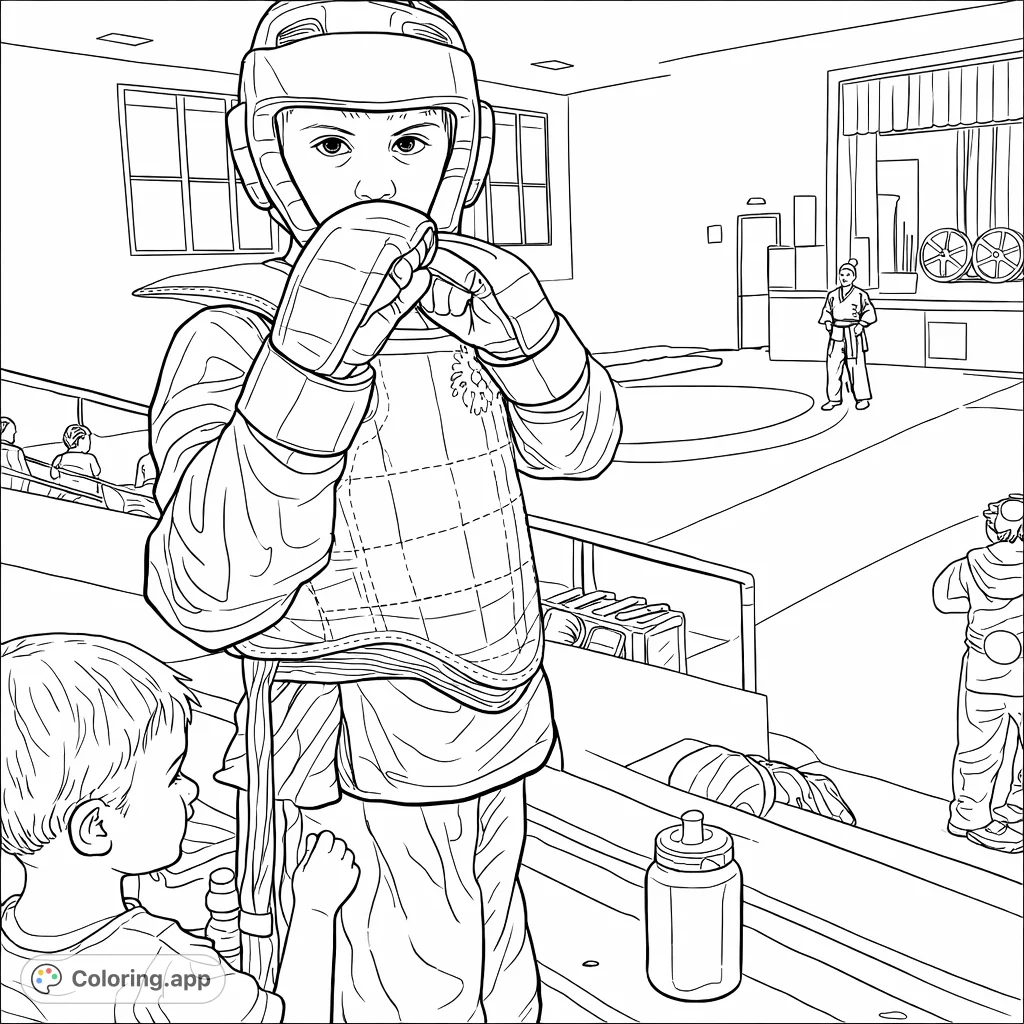 A focused young martial artist in full gear, poised for action in a dojo setting. An engaging scene for aspiring fighters to color!
