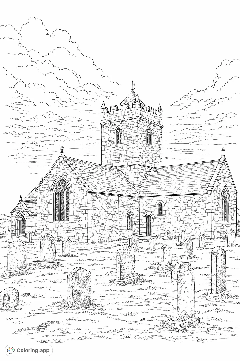 Explore an ancient Scottish churchyard, featuring a detailed stone church with a towering belfry and weathered gravestones. A captivating architectural coloring challenge.