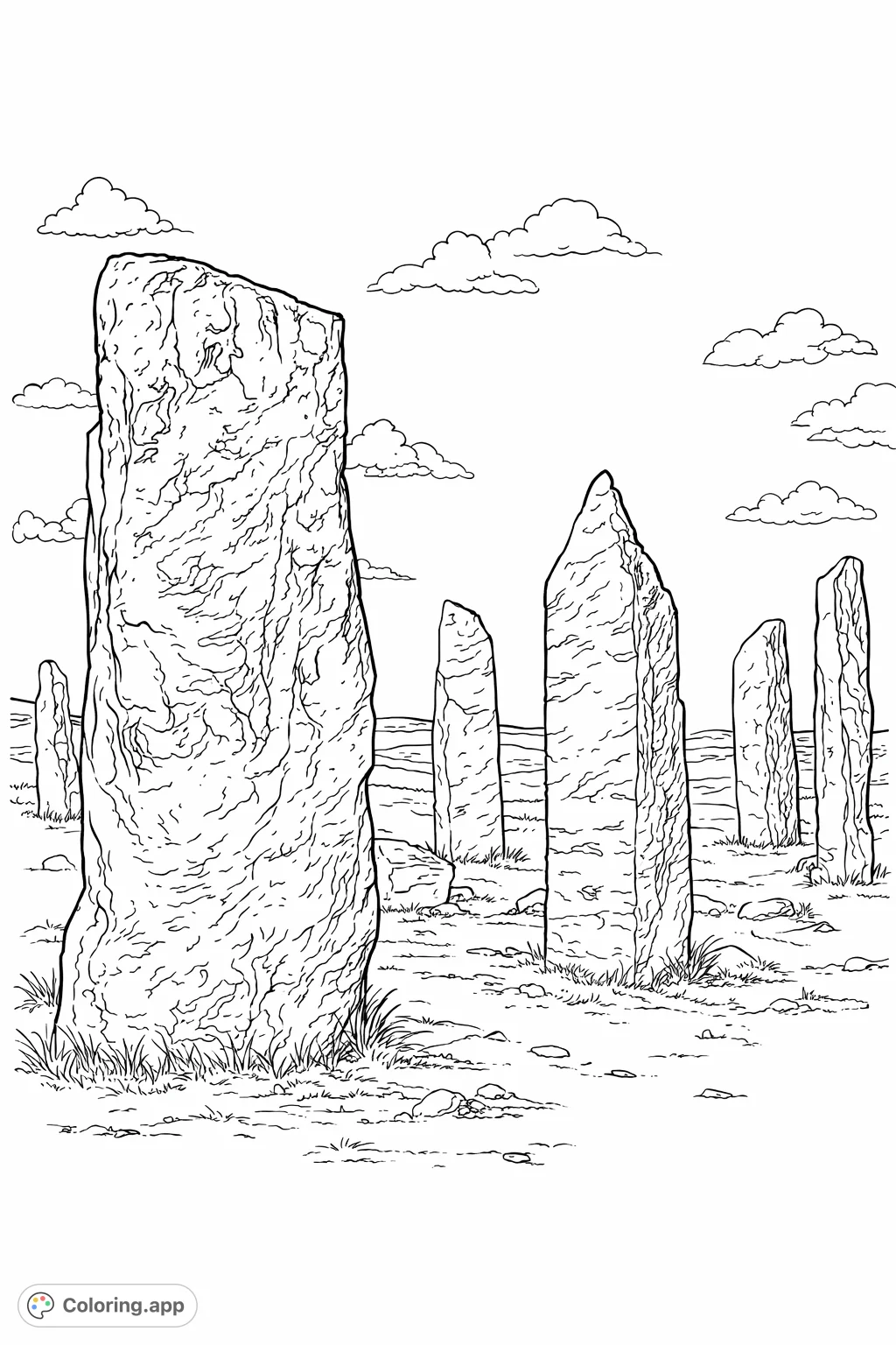 Journey to an ancient land with this captivating standing stones coloring page. Explore rugged textures and a vast sky in this free printable historical scene.