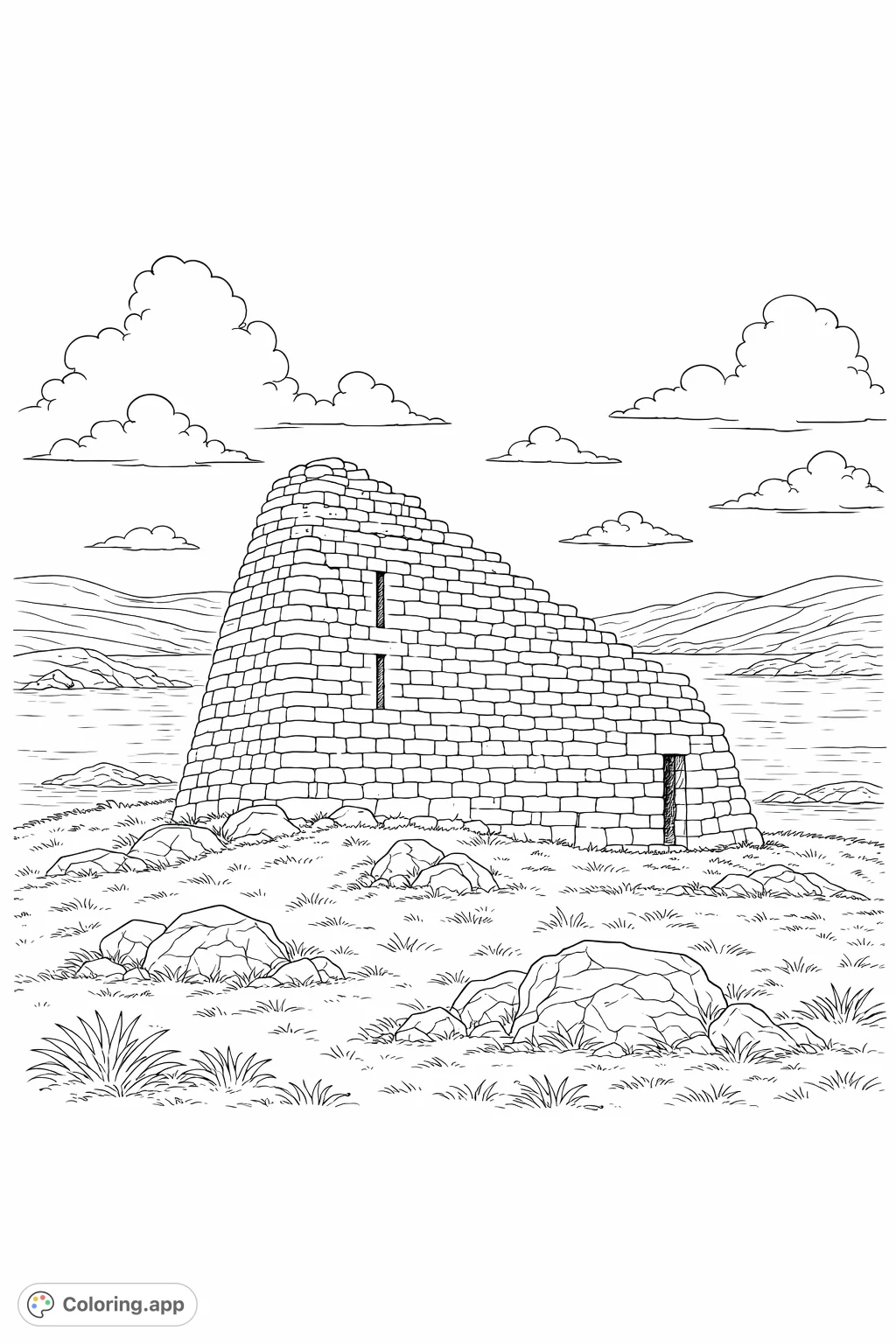 Explore an ancient stone tower set in a rugged landscape with a body of water and distant hills. Perfect for history and architecture enthusiasts.