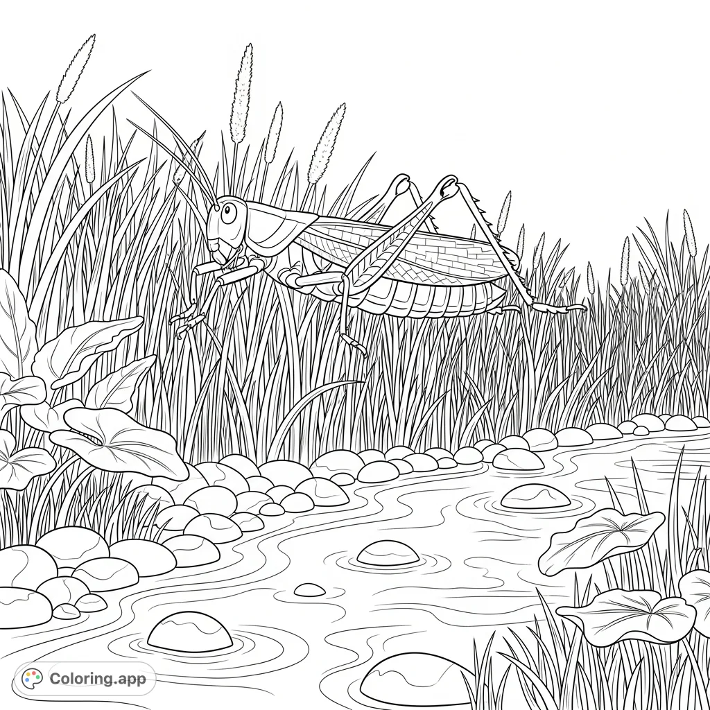 A lively grasshopper leaps mid-air over a serene stream, amidst tall grasses and smooth stones, offering a captivating nature coloring page experience.
