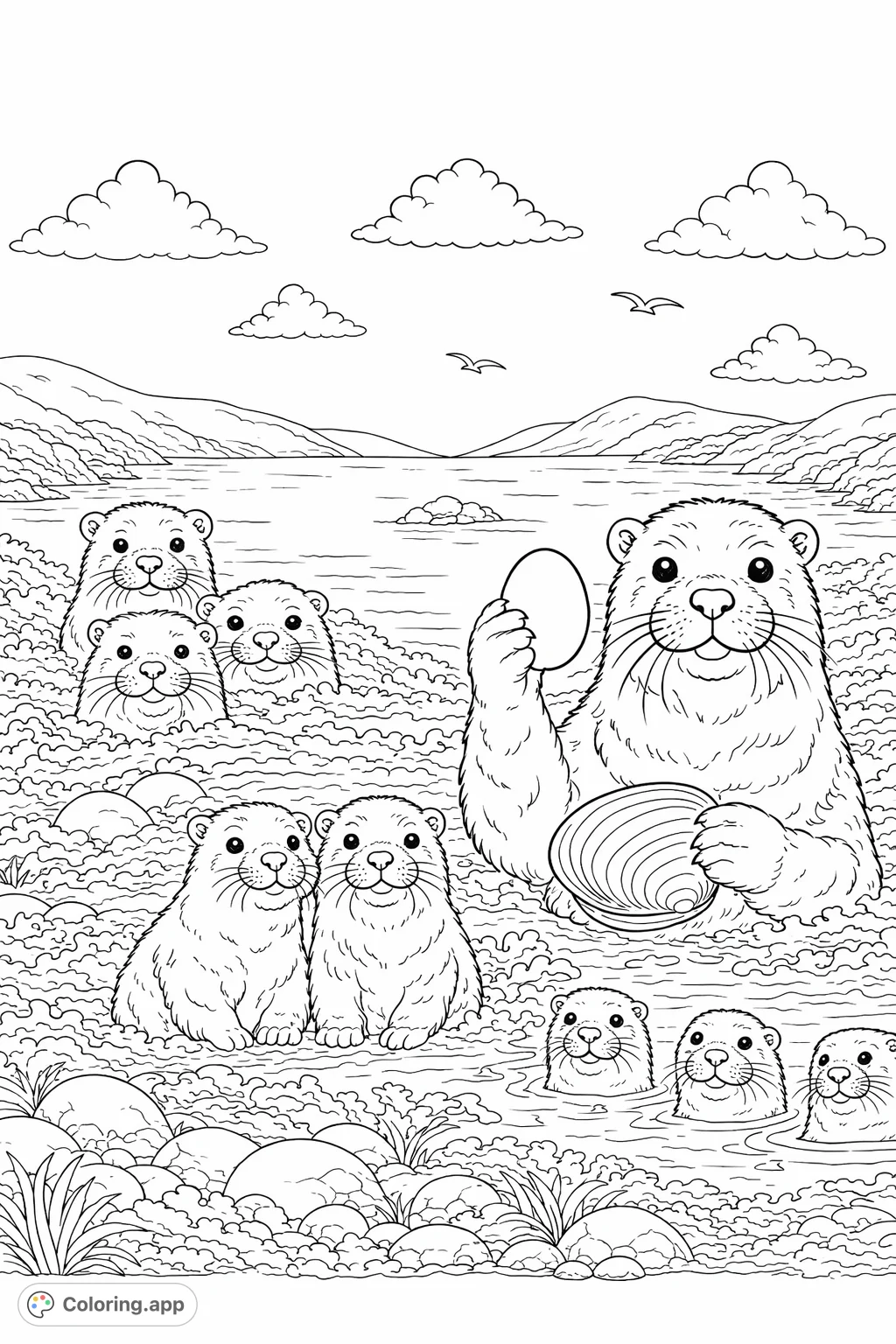 Immerse yourself in a lively otter family scene by a serene lake. Featuring otters playing, holding treasures, and swimming amidst aquatic plants.