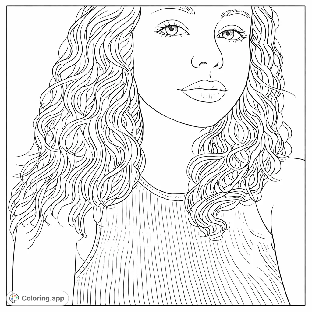 A charming portrait of a young woman with expressive features and beautifully detailed wavy hair, offering a relaxing and creative coloring experience.